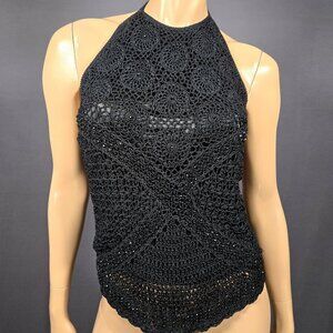 Y2K Black Crochet Beaded Halter Top Boho Gothic Fairy Festival Size M Sleeveless